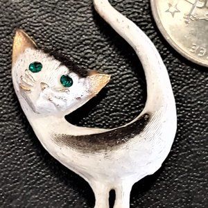 VTG 1960 CUTE GREEN RHINESTONE EYE CAT BROOCH PIN